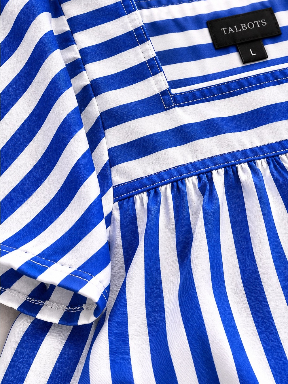 Talbots Blue White Stripe Puff Sleeve Square Neck Cotton Top Large - Picture 3 of 10